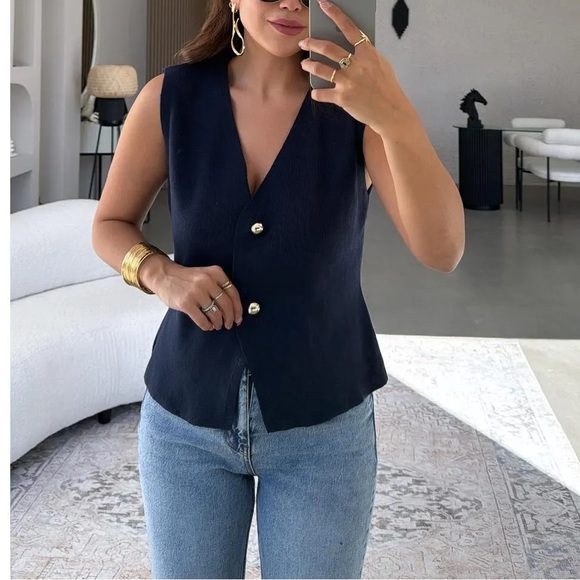 NAVY KNIT VEST TOP WITH GOLD BUTTON - Picture 7 of 11